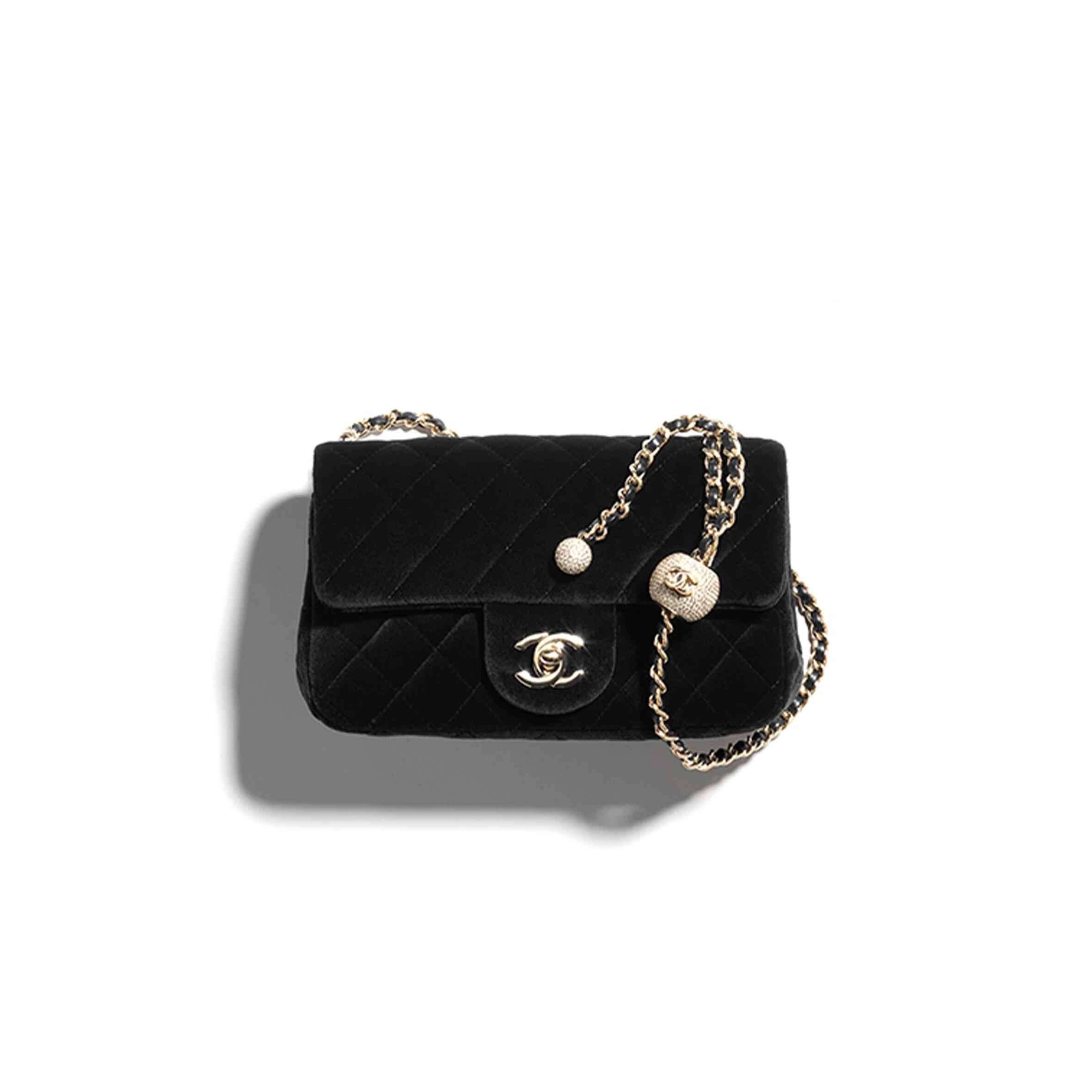 CHANEL MINI FLAP BAG VELVET, DIAMANTÉ & GOLD-TONE METAL BLACK AS1787 (20*13*7cm)